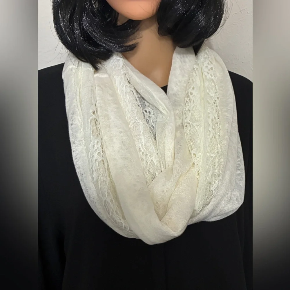 79” Elegant Cream Lace Infinity Scarf. Casual. Dressy. Preppy. Feminine.